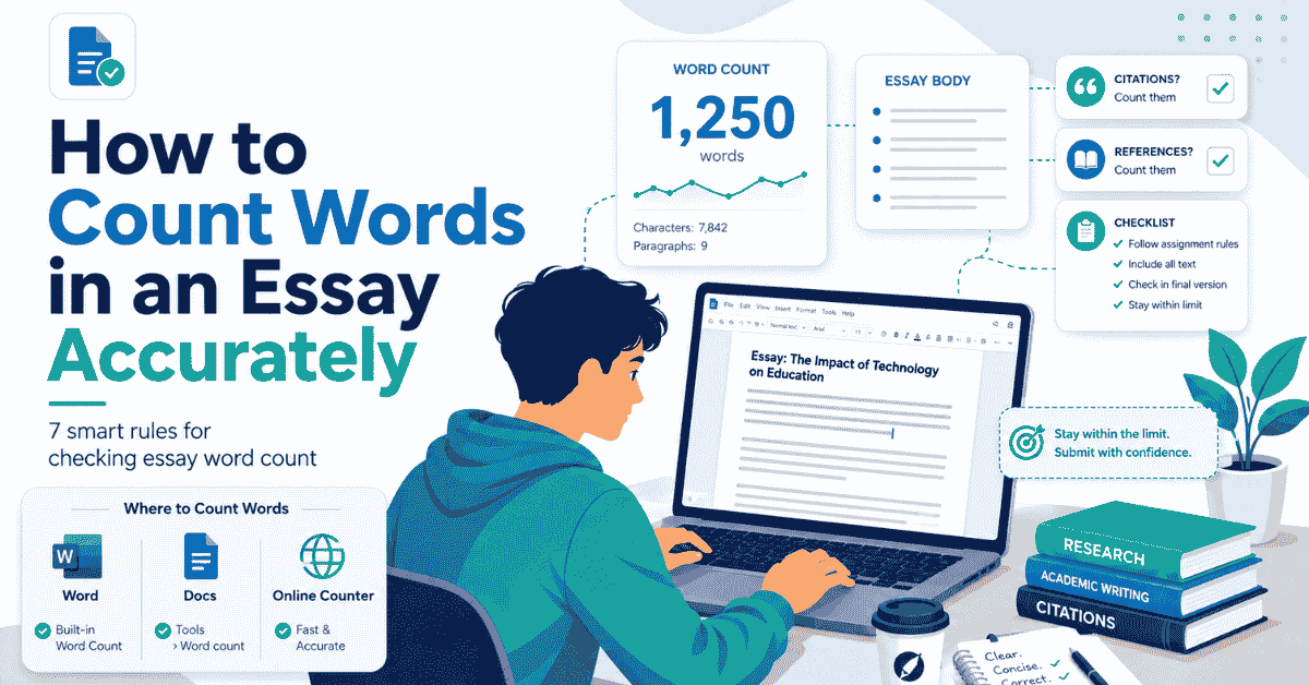Essay word count guide showing citations, references and counted sections